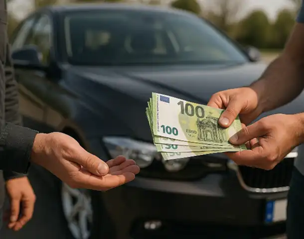 Ein glücklicher Kunde erhält beim Autoankauf in Dinslaken eine Barzahlung für sein Fahrzeug.